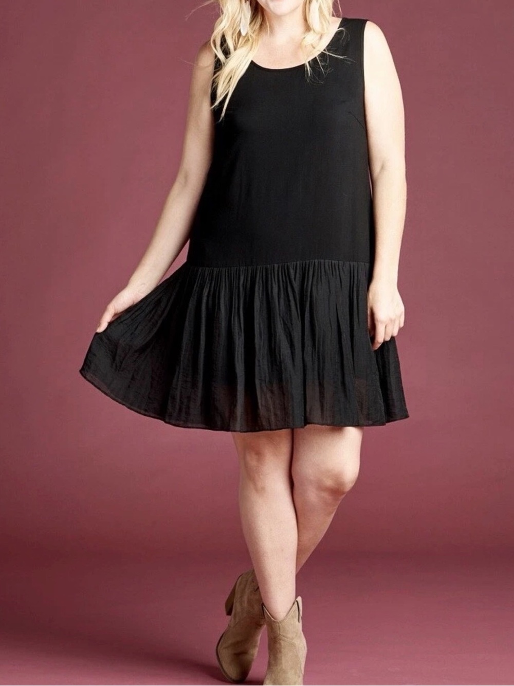 ODDY Black Sleeveless Swing Mini Dress with Ruffle Hem 100% rayon 2XL